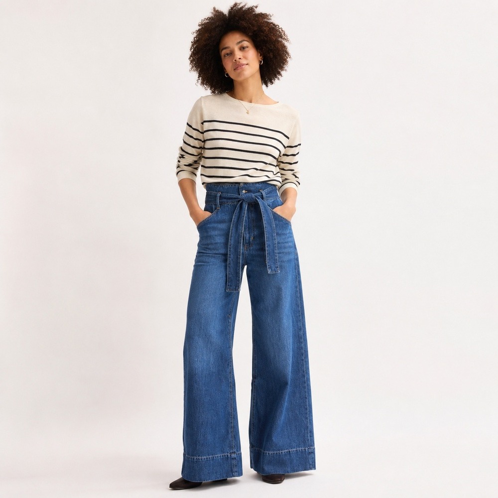 Boden Wide Leg High Rise Denim Jeans Women US 6 Boho Tie Waist 70sโ Modern